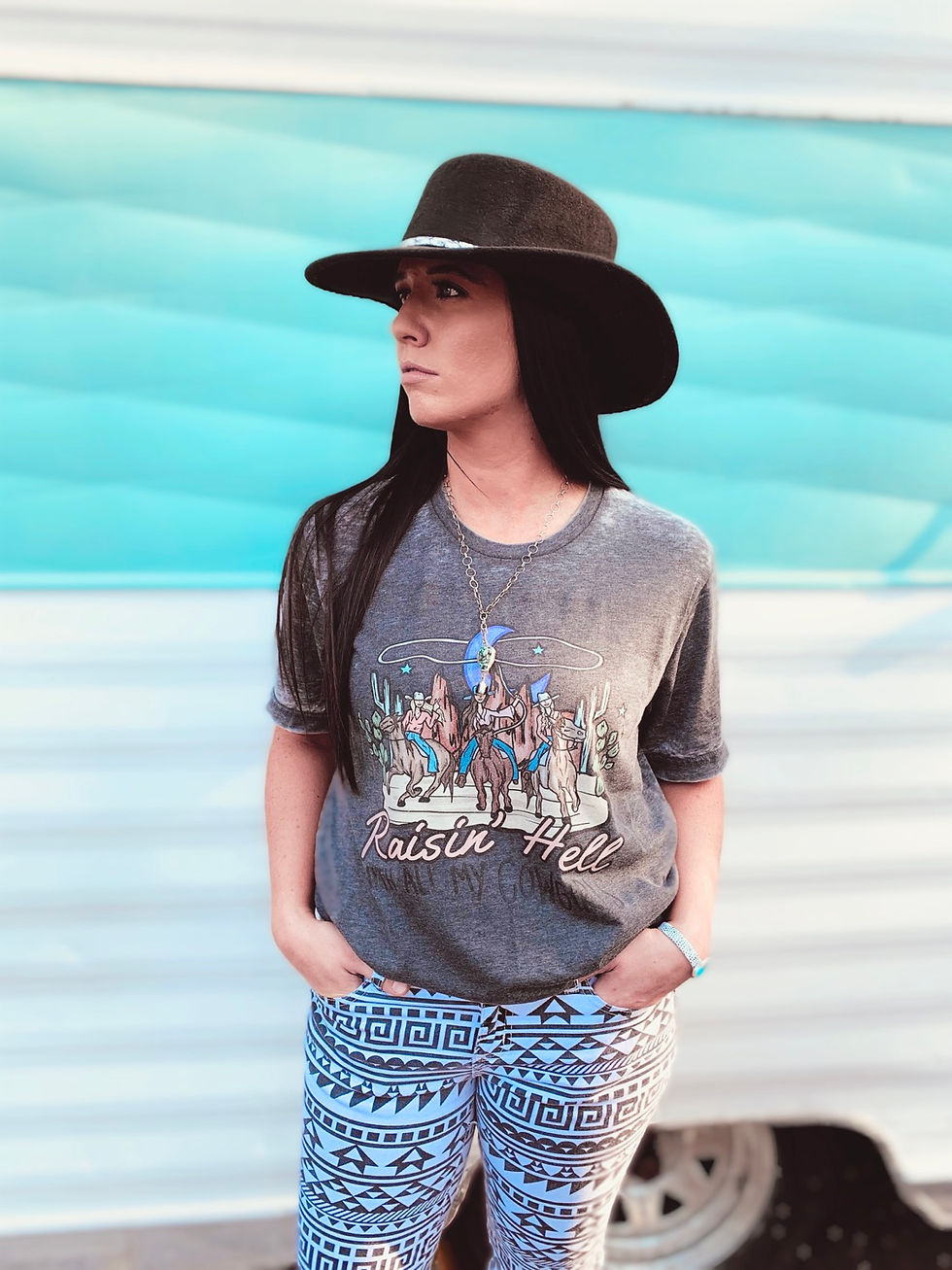 Thumbnail: Raisin’ Hell With All My Cowgirls Grey Acid Wash Tee