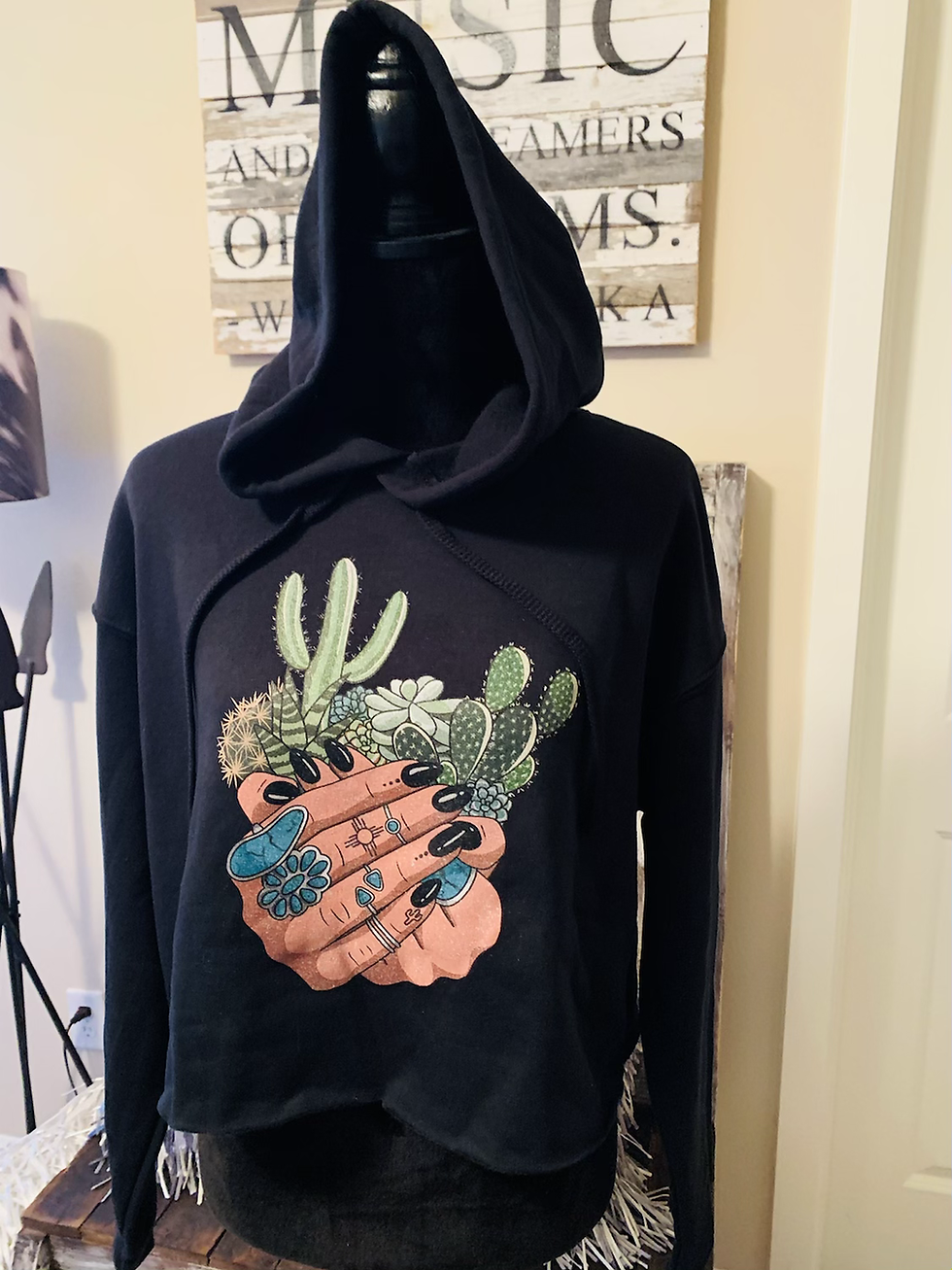 Thumbnail: Turquoise Bloom Black Cropped Hoodie 