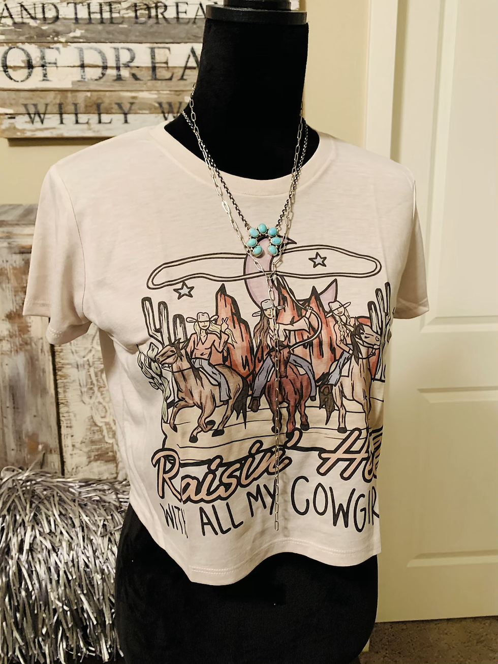 Thumbnail: Raisin’ Hell With All My Cowgirls Heather Dust Crop Top 