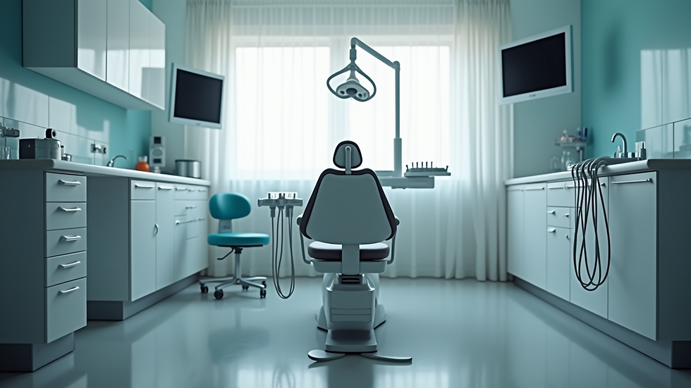 Eye-level view of a dental chair and equipment in a modern clinic