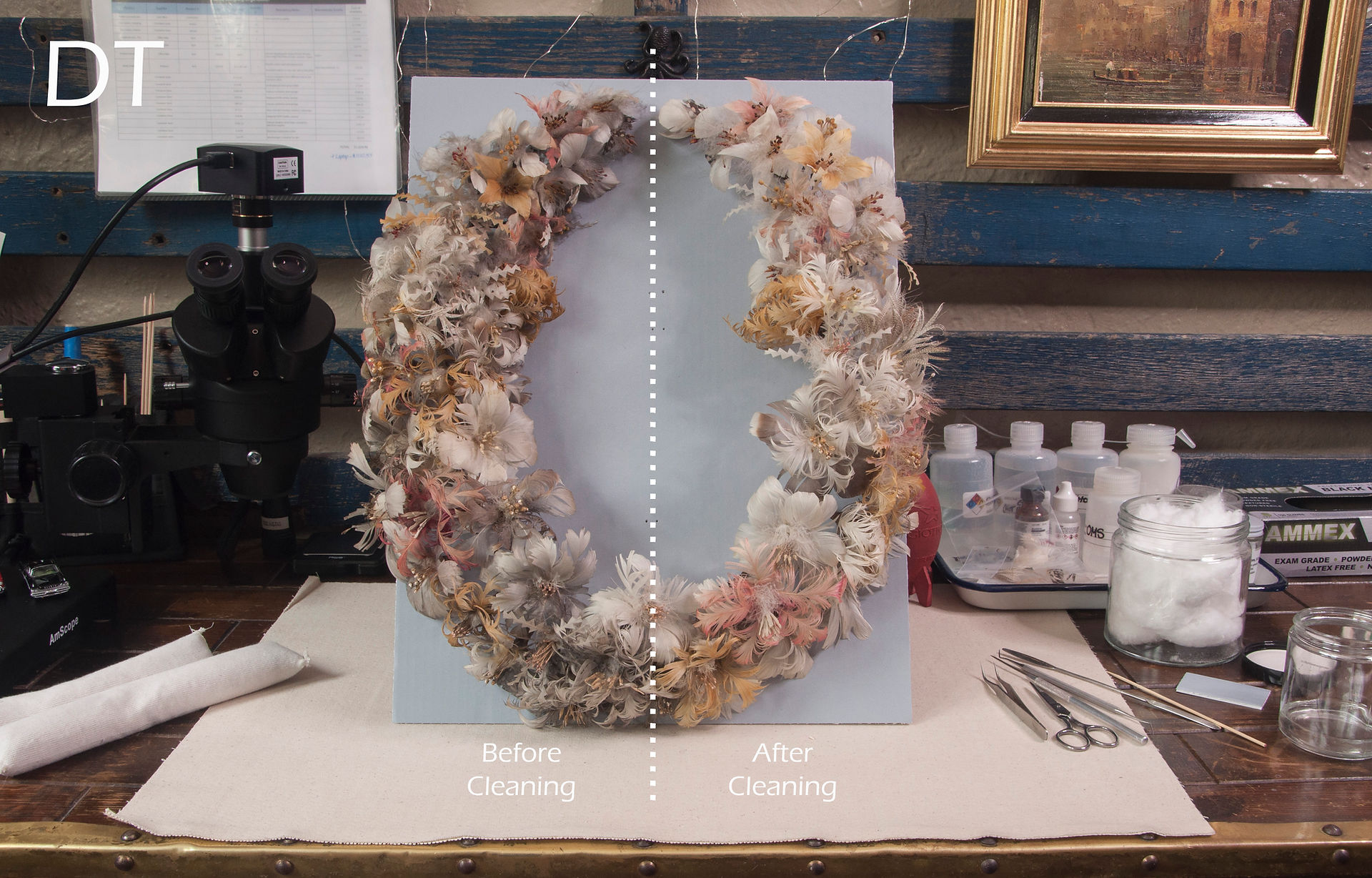 Damaged feather wreath conservation treatment