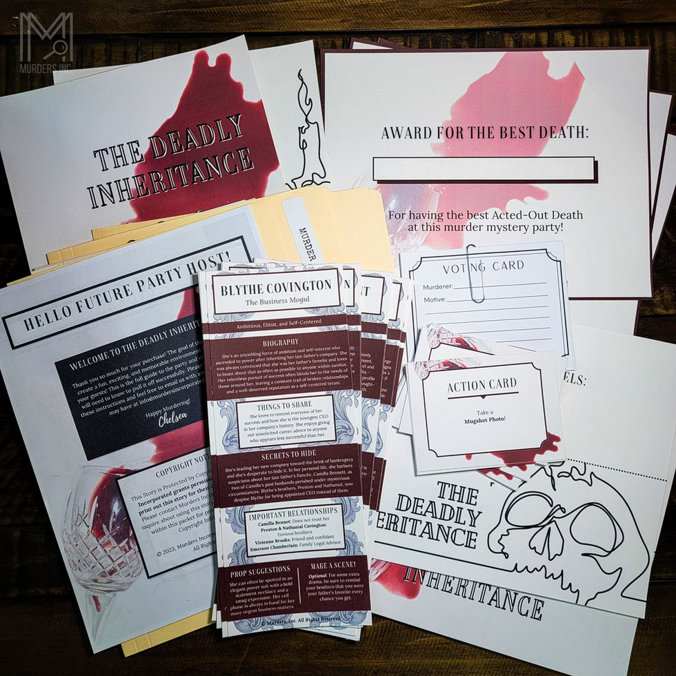a display of what comes with the murder mystery party