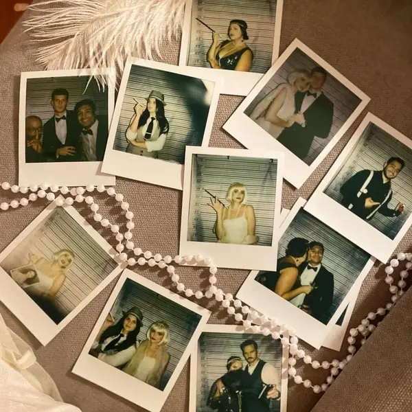 polaroid photos of group playing a murder mystery party