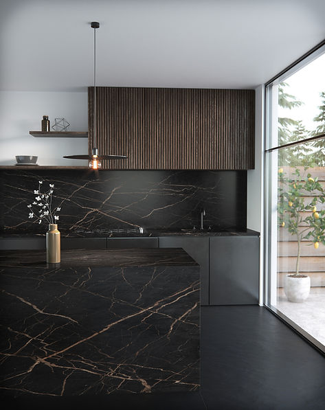 Black and gold worktop and wall tiles in kitchen