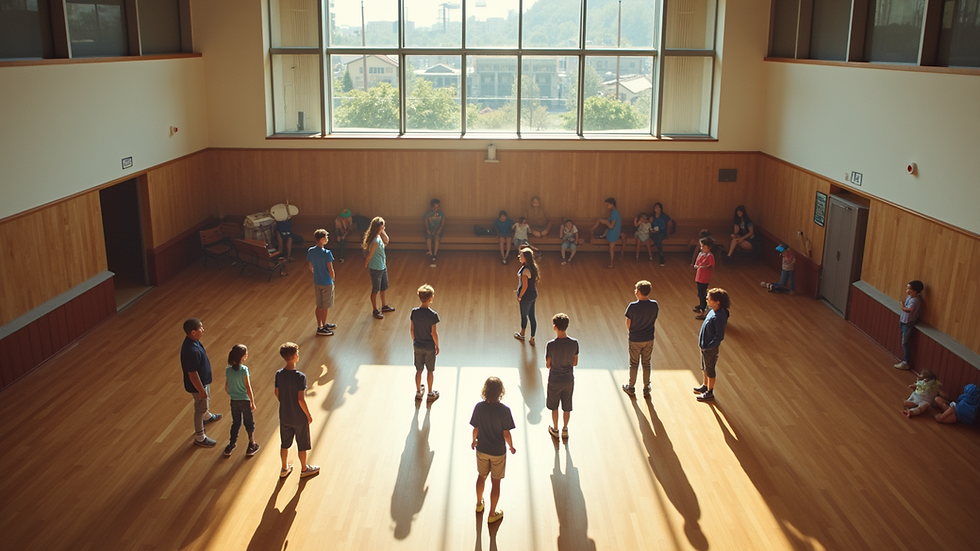 High angle view of a community center with youth participating in a group activity