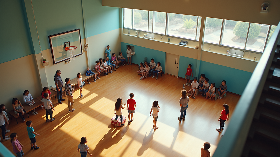 High angle view of a community center with youth activities