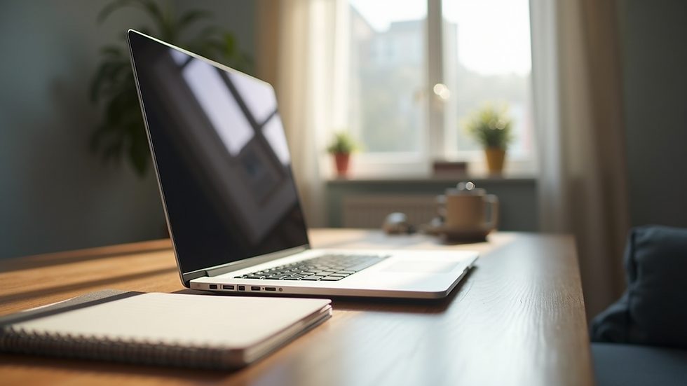 Eye-level view of a modern office workspace with a single laptop and notebook