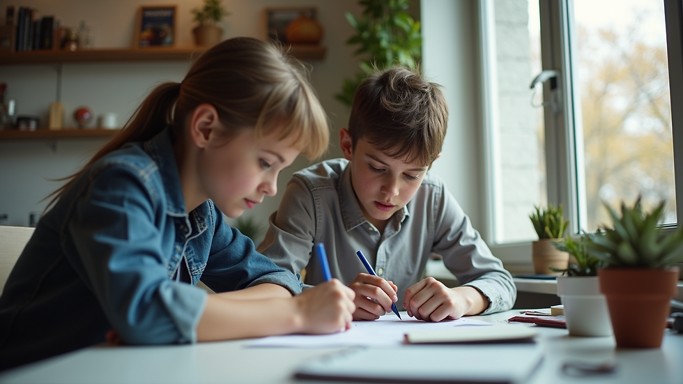 Eye-level view of a mentor and teen working together at a table