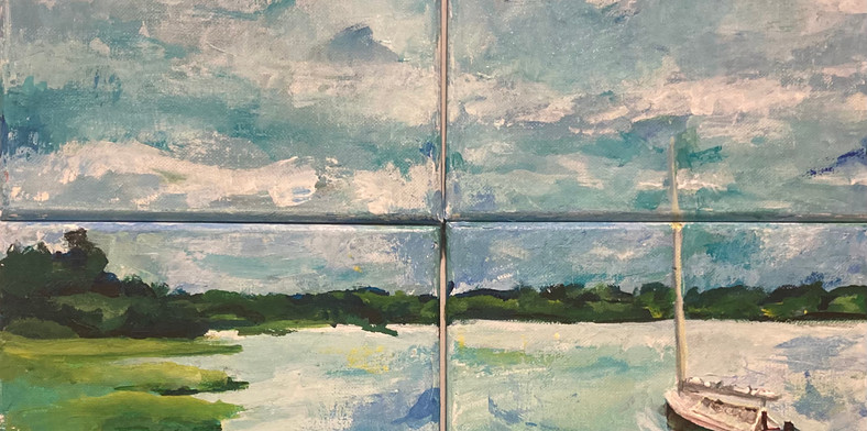 acrylic seascape, summer, 4 panels, ocean, boat
