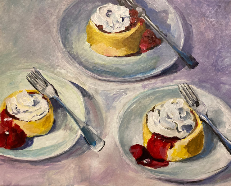 desserts, strawberry shortcake, still life, acrylic painting