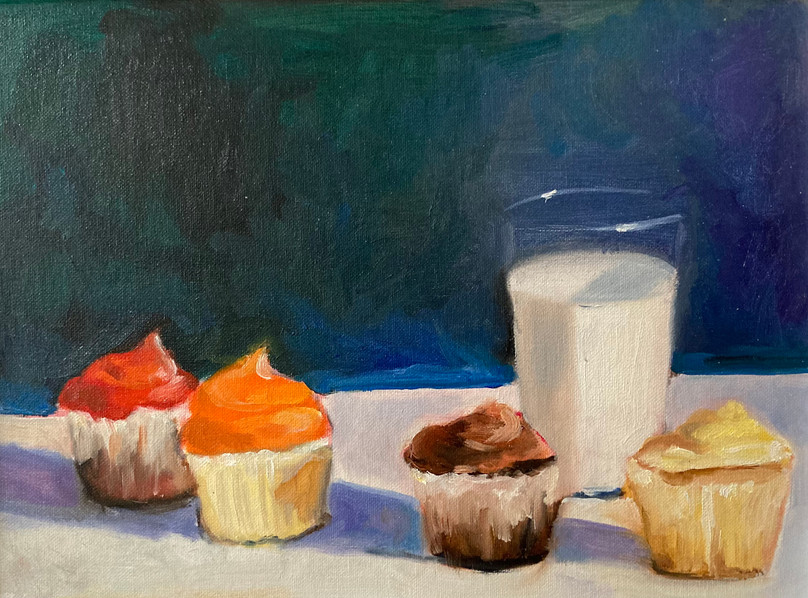 Cupcakes and milk  still life oil painting