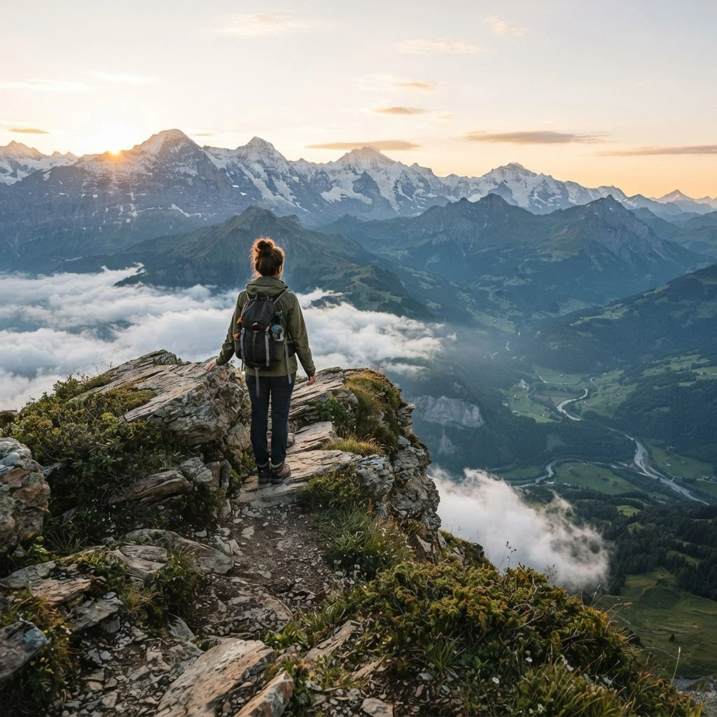 Wanderin mit Rucksack auf felsigem Gipfelgrat bei Sonnenaufgang, blickt über wolkiges Alpenpanorama und schneebedeckte Berge.