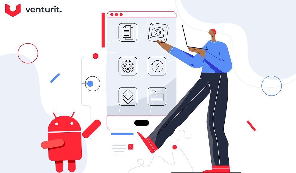 developer and android robot looking at a phone interface