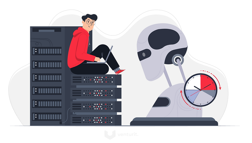 Programmer looking at a robots digital brain