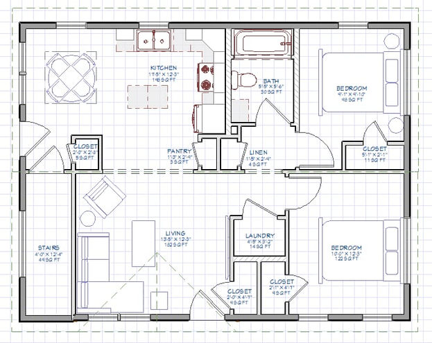 Floor plan of Cloverly modular home – 2-bedroom, 1-bathroom layout, 844 sq ft