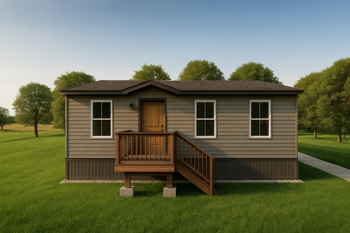 The Argyle 567 sq ft mini home exterior with centered entry and raised front deck stairs, in Atlantic Canada