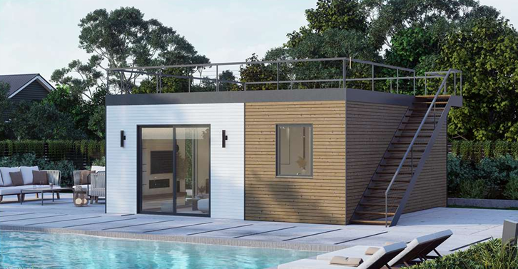 Side view of Summitview ADU showing staircase to rooftop deck, wood and white siding, and poolside outdoor area – designed for year-round comfort.