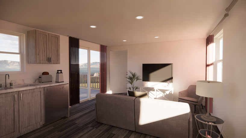 The Twillingate mini home living room and kitchen interior alternate view
