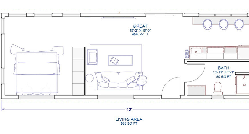 1 bedroom 1 bathroom ADU floor plan