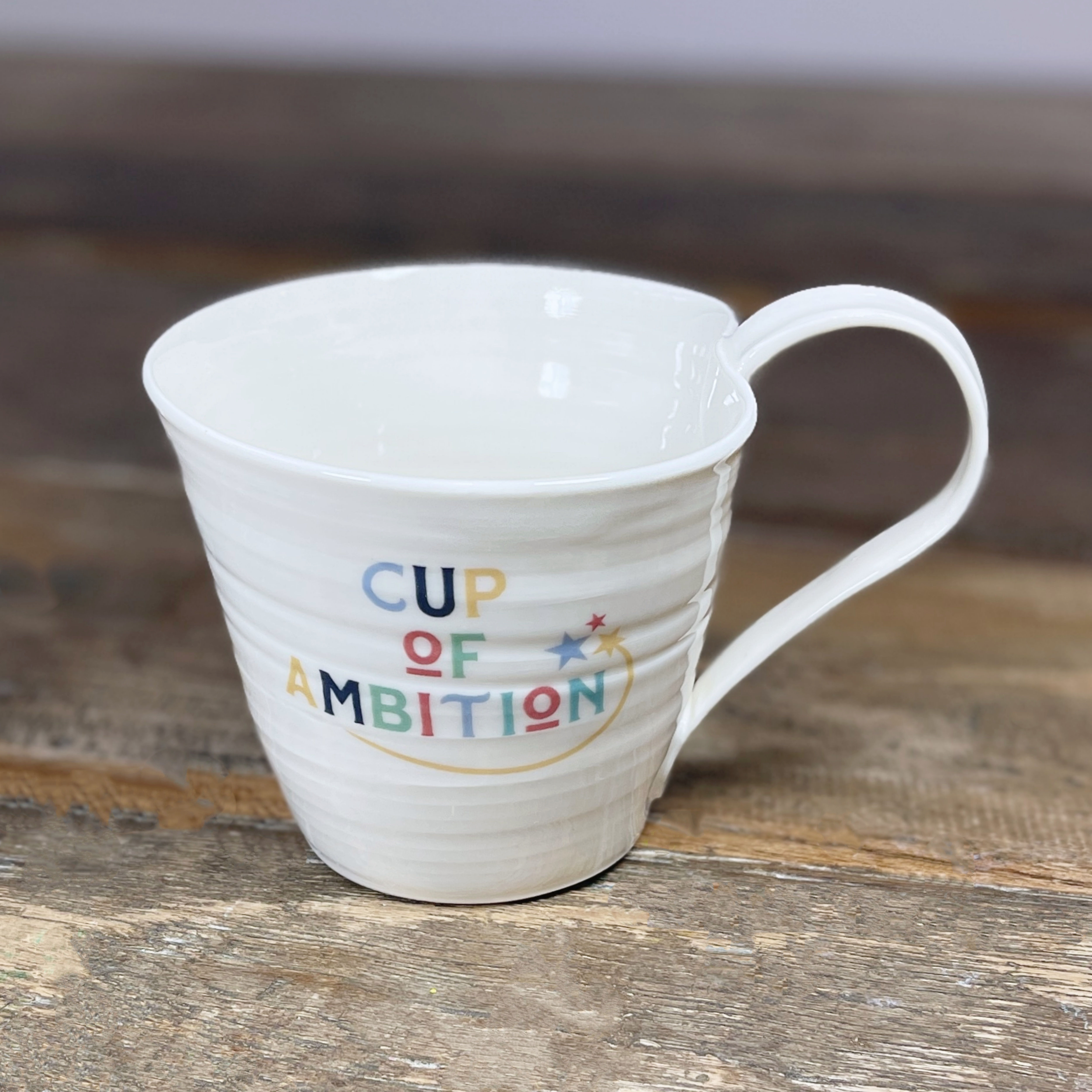 oversized cup of ambition hand thrown mug on a rustic wooden table