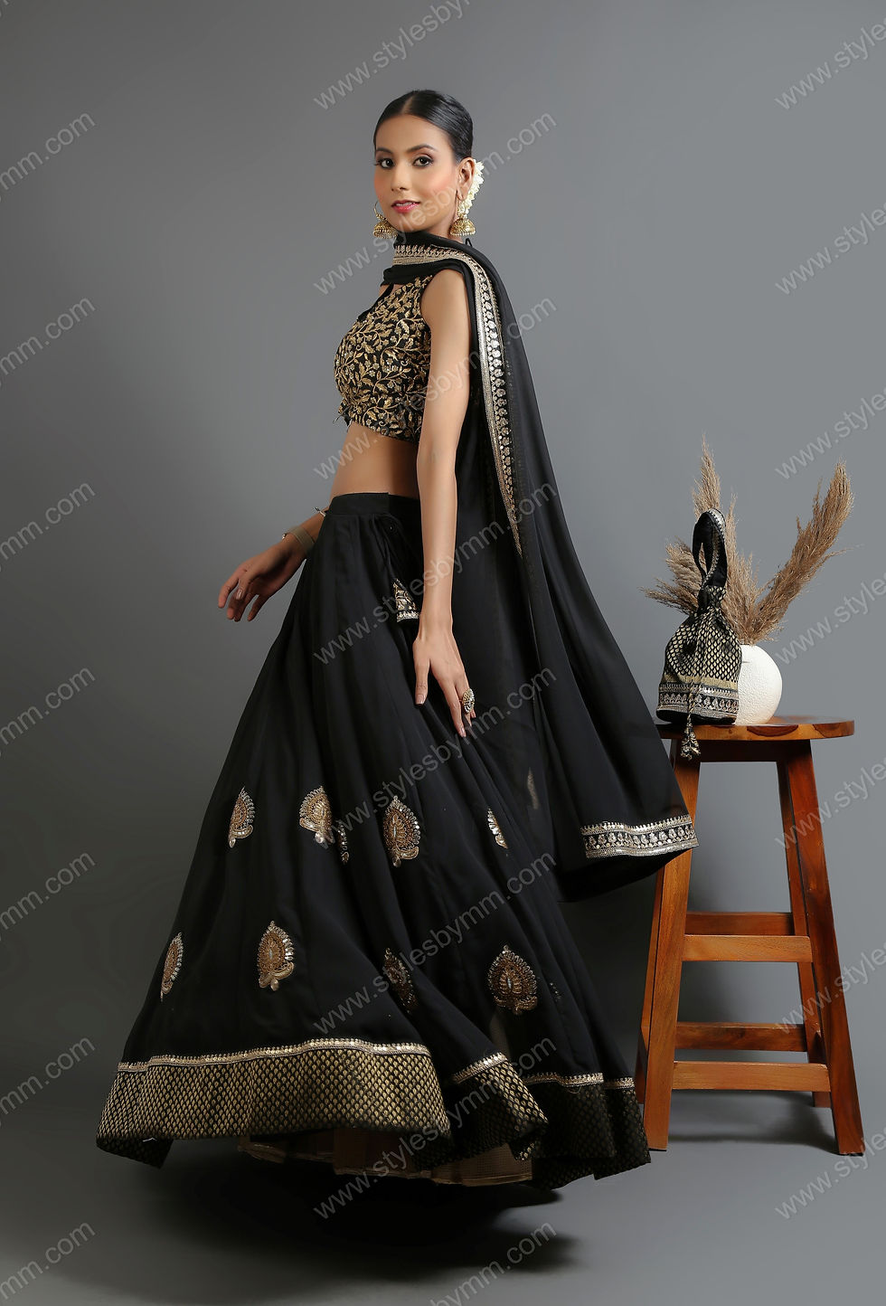 Thumbnail: Black & Golden Traditional Flared Lehenga