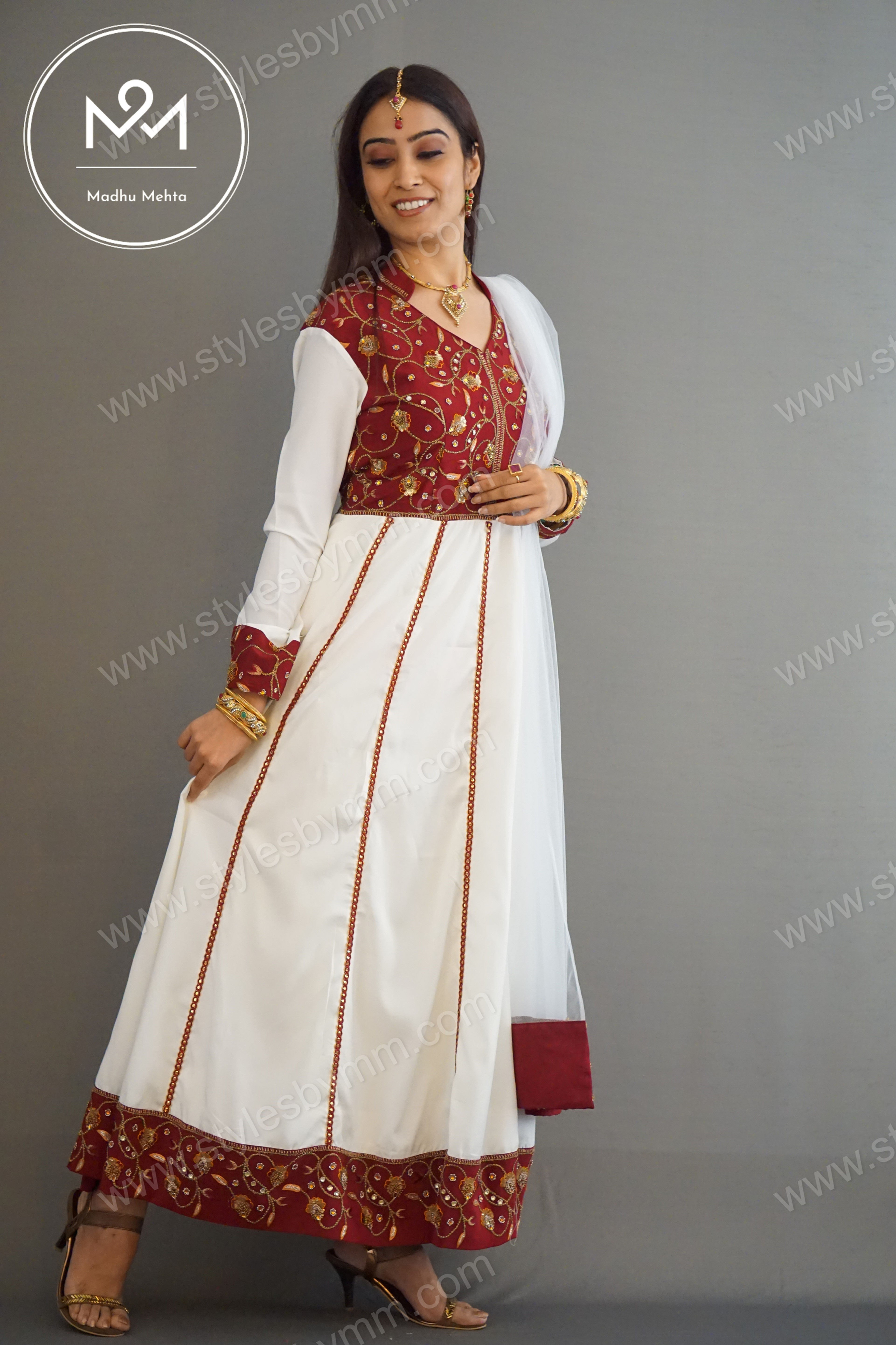 Cream and Rosewood Maroon Anarkali Suit
