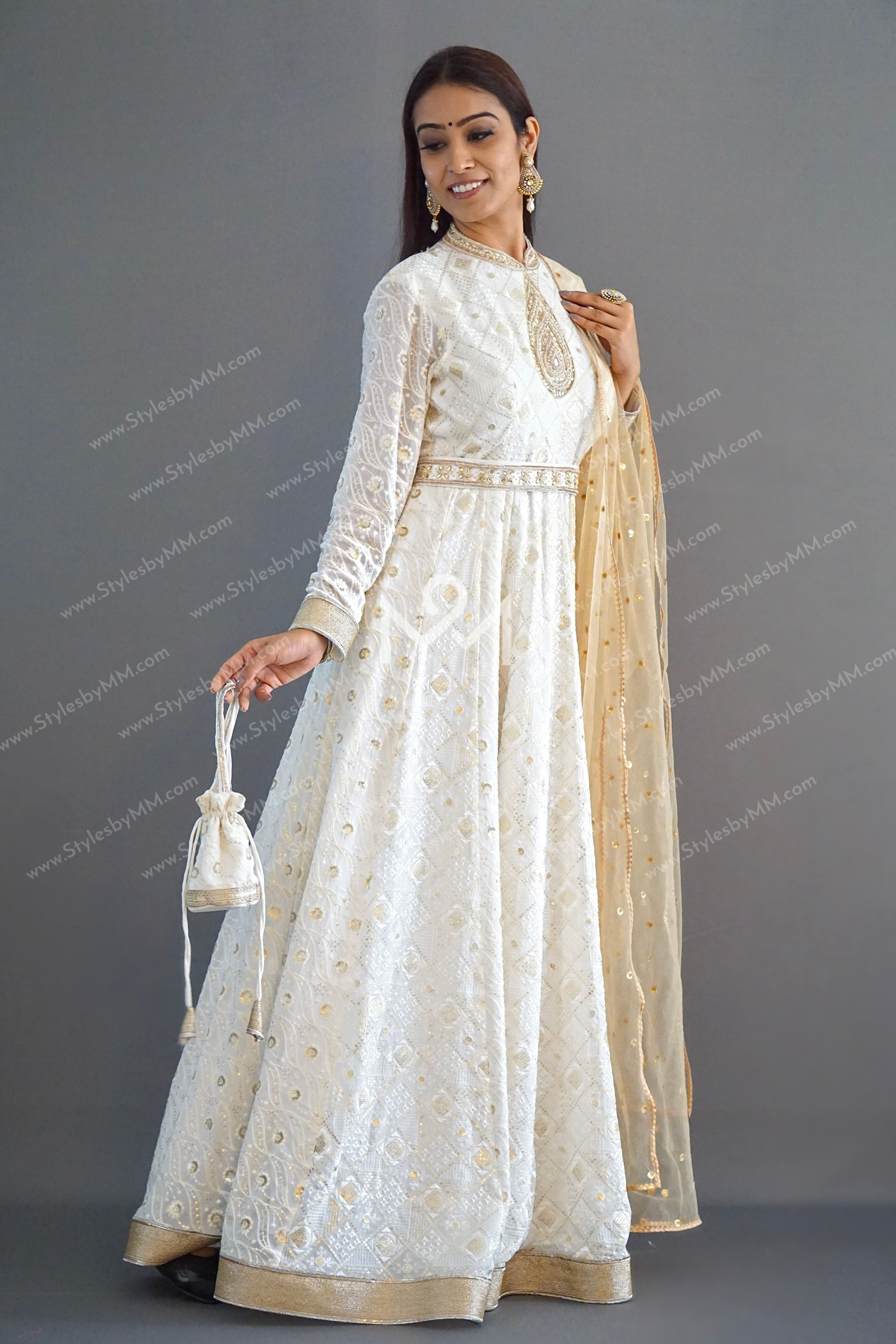 Pure Georgette Pearl White & Golden Embroidered Anarkali Suit