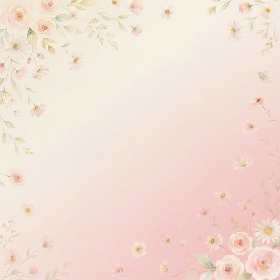 Digital illustration of a delicate floral border with soft roses and daisies. The pastel color gradient creates a gentle, romantic atmosphere.