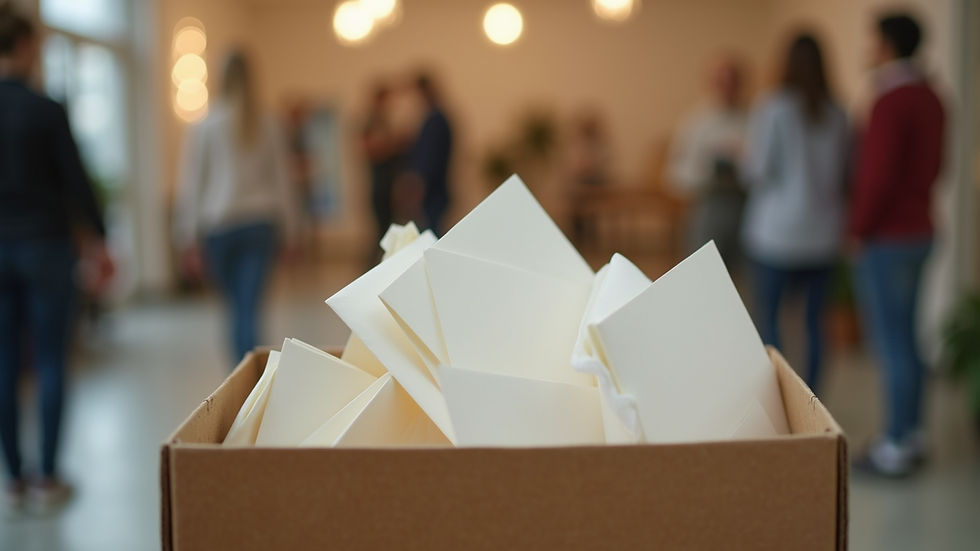 Eye-level view of a charity donation box filled with envelopes