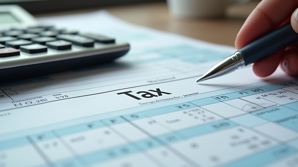 High angle view of a tax form with a pen and calculator