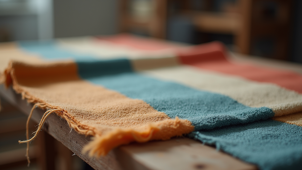 Vista a nivel de ojo de textiles artesanales doblados cuidadosamente