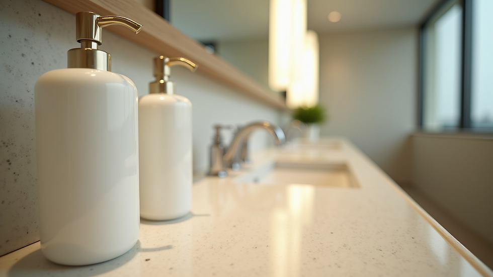 Eye-level view of a hotel bathroom with eco-friendly conditioner dispensers