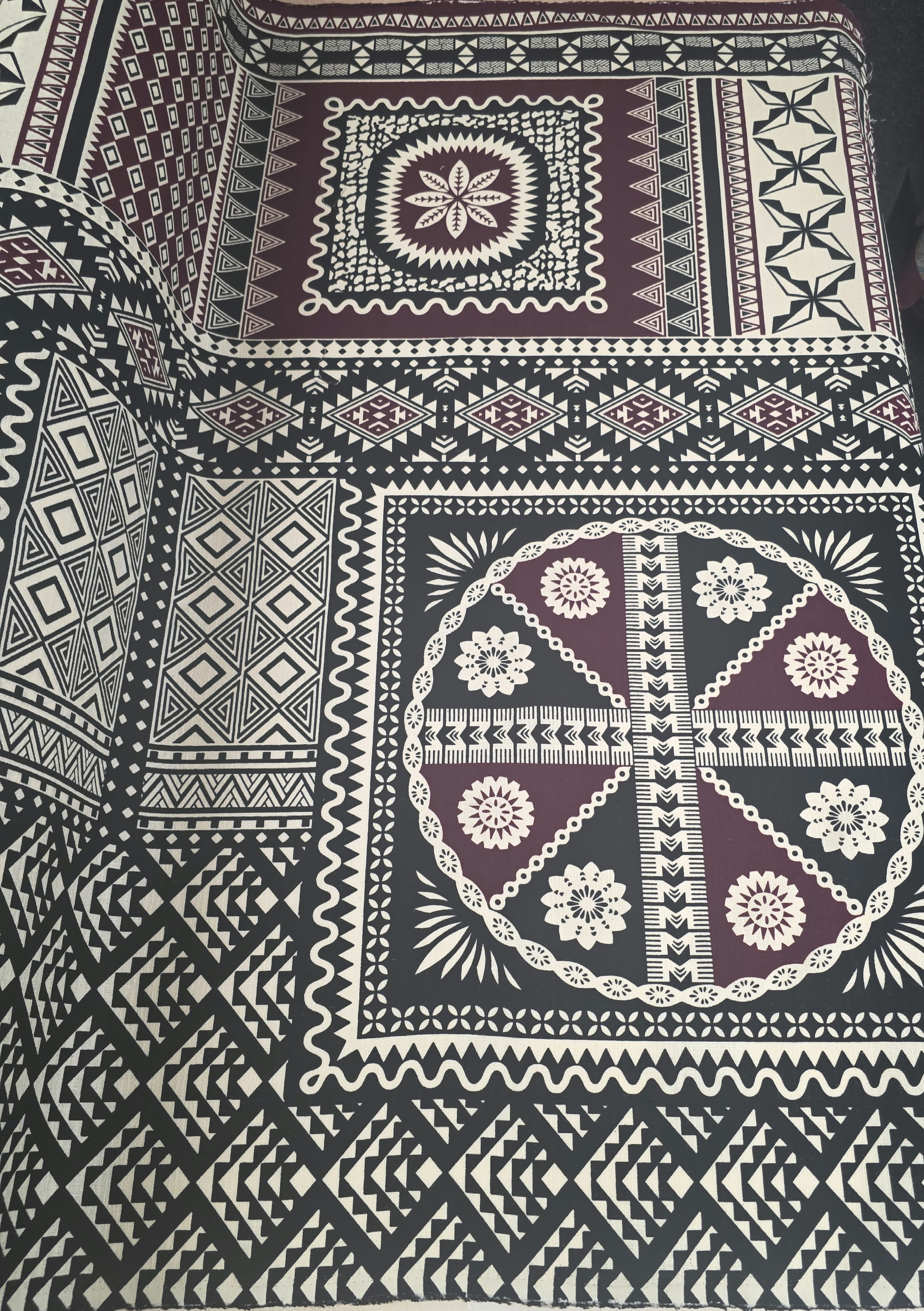Tapa Dobby Cloth 100% Cotton Burgandy/Black/Cream