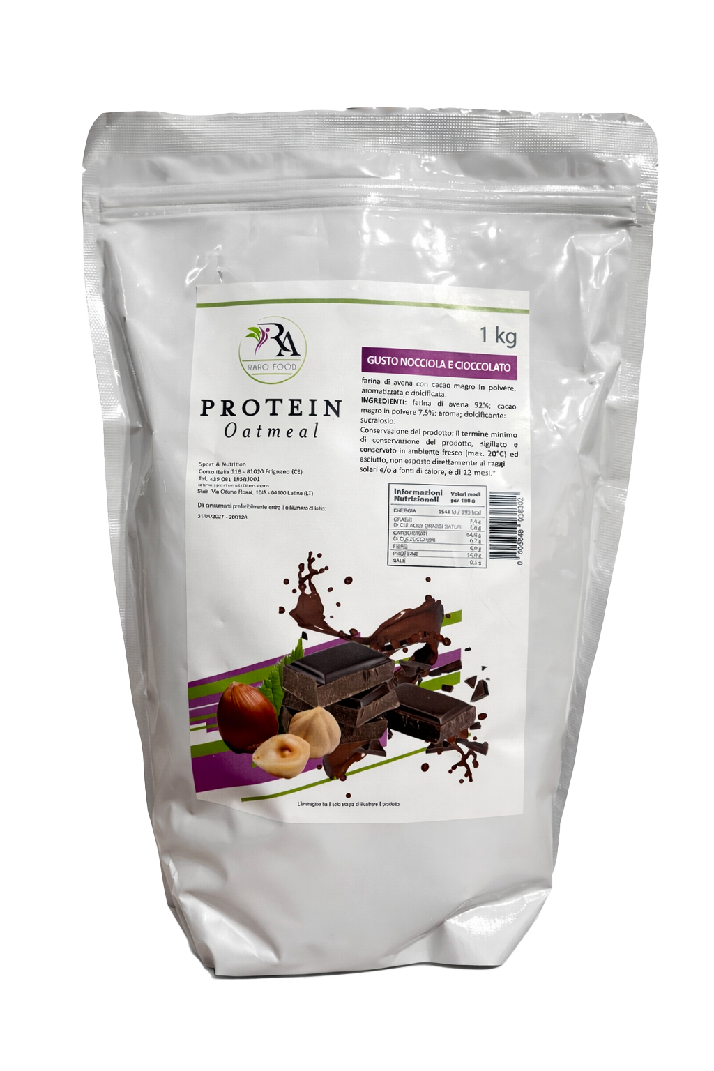 RARO FOOD - FARINA D'AVENA AROMATIZZATA - GUSTO CIOCCOLATO E NOCCIOLA - 1 KG