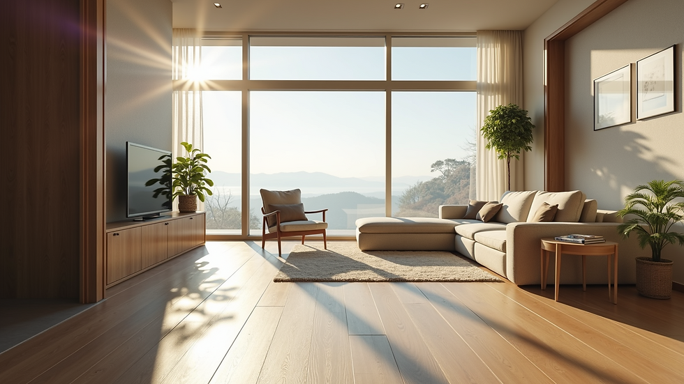 Eye-level view of a modern residential space with large windows and natural light