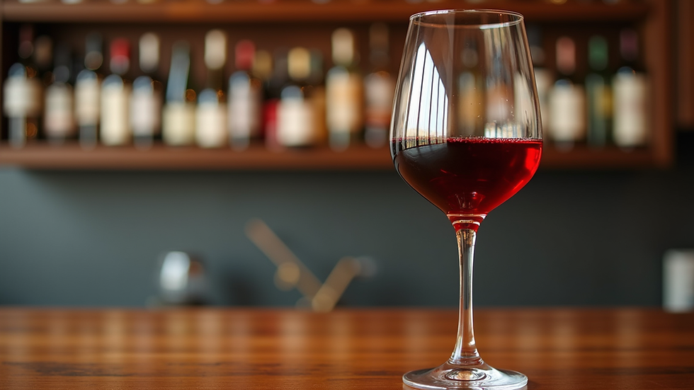 Close-up view of a glass of organic red wine on a wooden bar counter