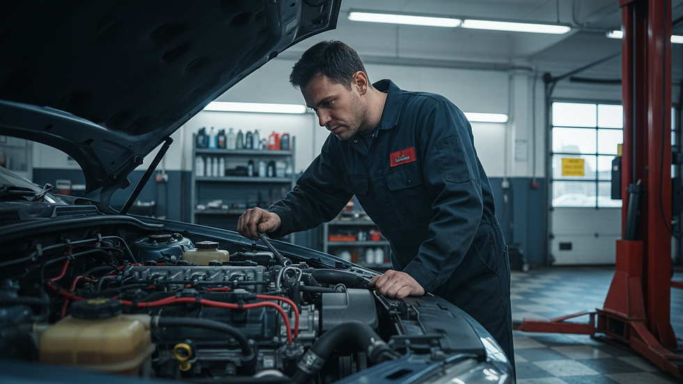 Eye-level view of a car mechanic inspecting a vehicle engine in a garage