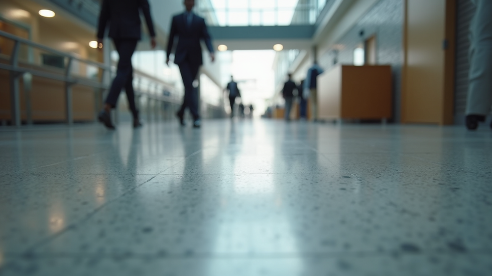 Eye-level view of a polished concrete floor in a modern commercial space