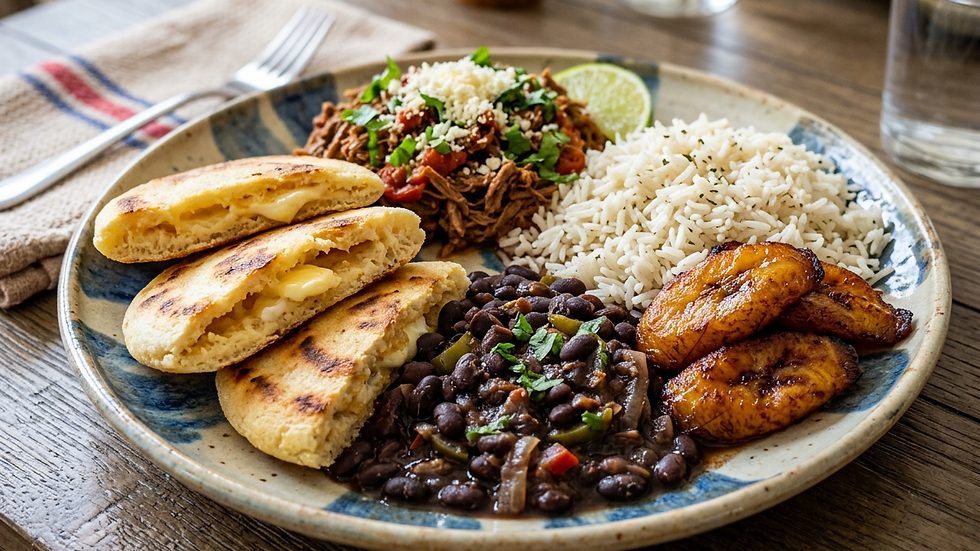 Close-up view of a colorful Venezuelan platter with arepas, black beans, rice, and plantains