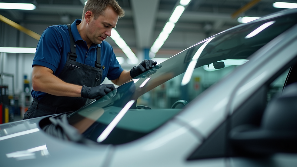 Eye-level view of a windshield replacement technician installing new glass on a car