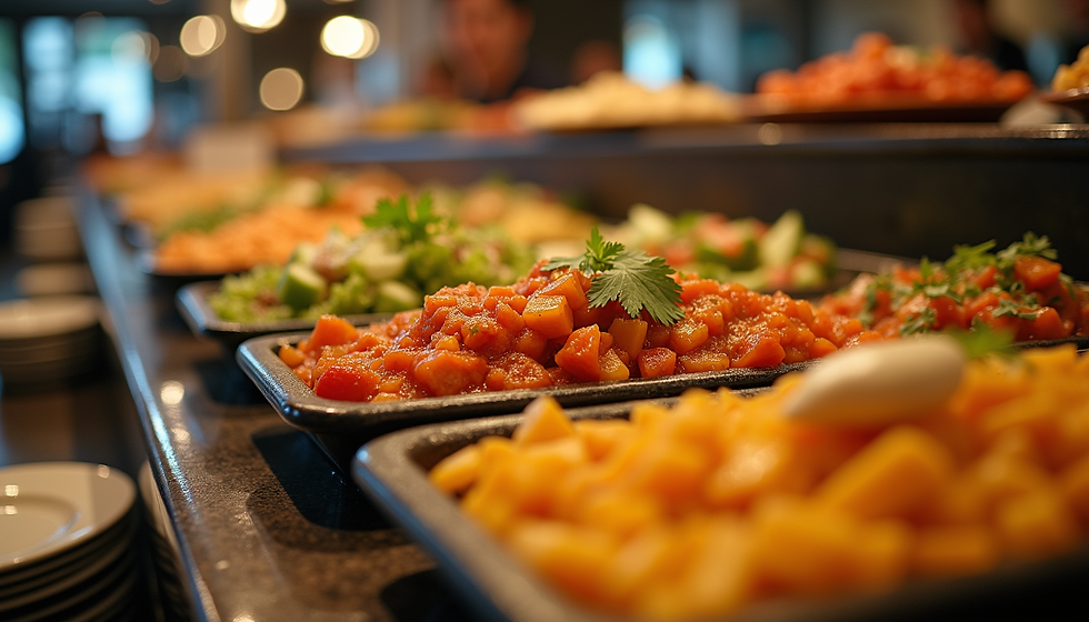 Eye-level view of a colorful Latin food buffet with various dishes