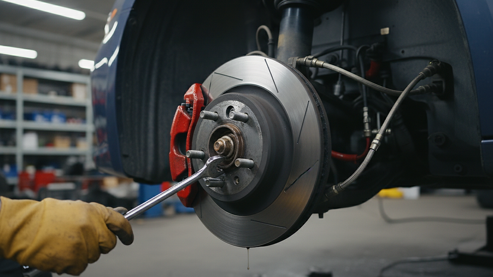 Close-up view of a car tire and brake system being serviced