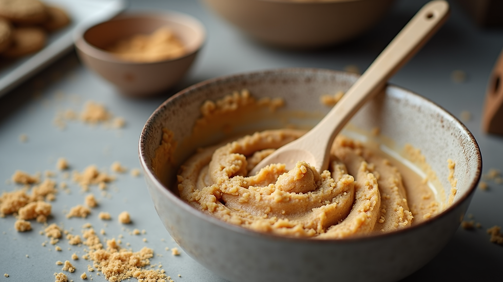 Eye-level view of a mixing bowl with cookie dough and wooden spoon
