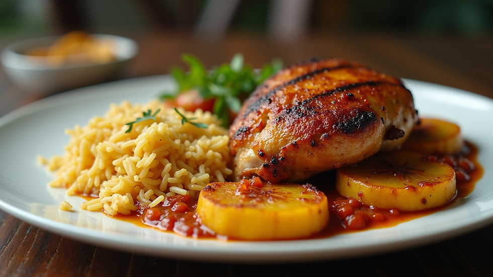 Close-up view of a plated Latin main course with grilled chicken, rice, and plantains