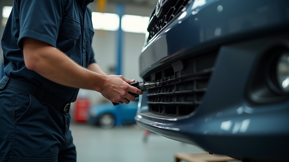 Close-up view of a mechanic repairing a car bumper