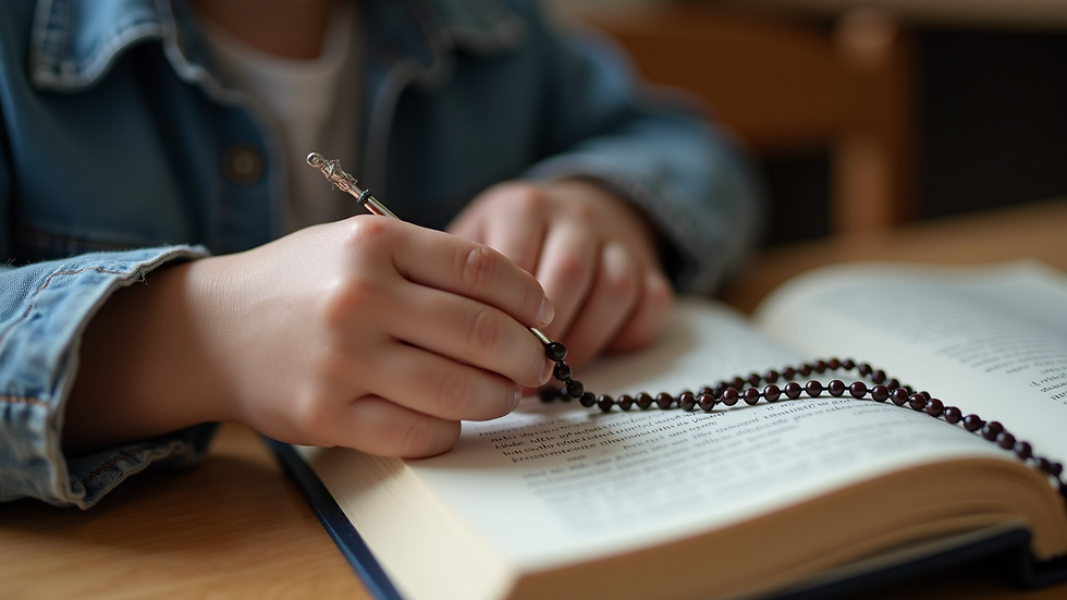 Close-up view of a child’s hands holding a rosary and a school book