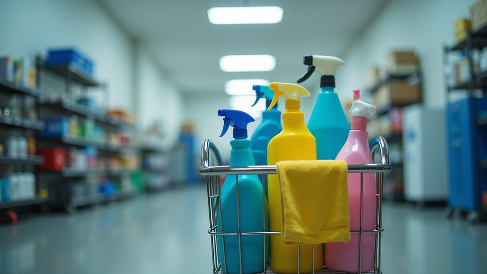 Eye-level view of a cleaning cart filled with various cleaning supplies