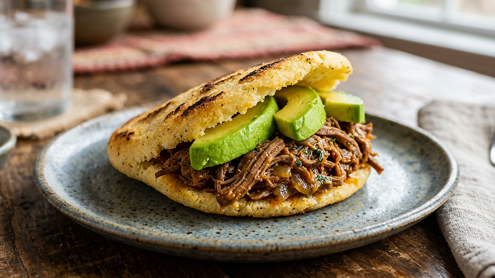 Eye-level view of a Venezuelan arepa filled with shredded beef and fresh avocado