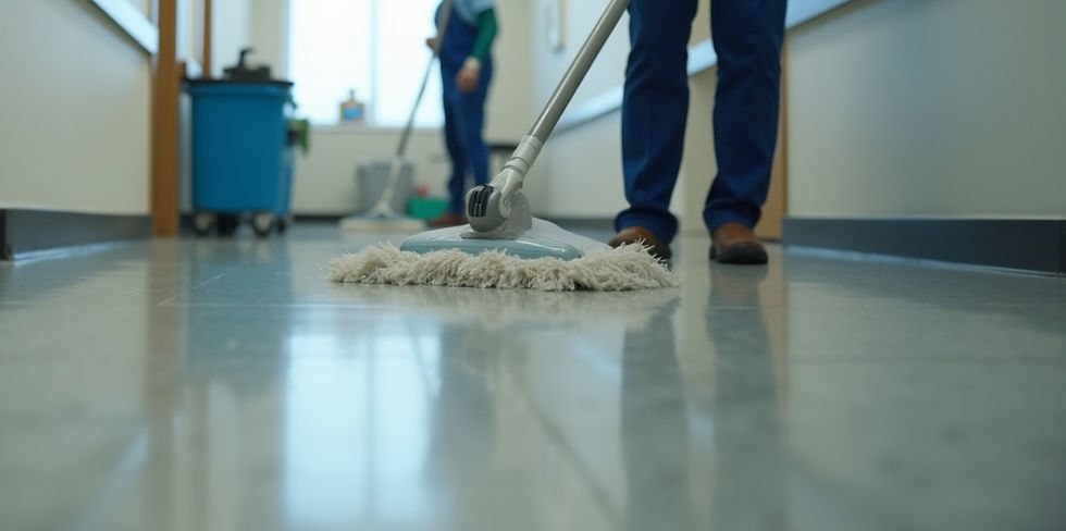Eye-level view of a janitor cleaning a commercial office floor