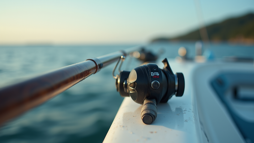 Eye-level view of fishing rod and reel setup on a boat deck